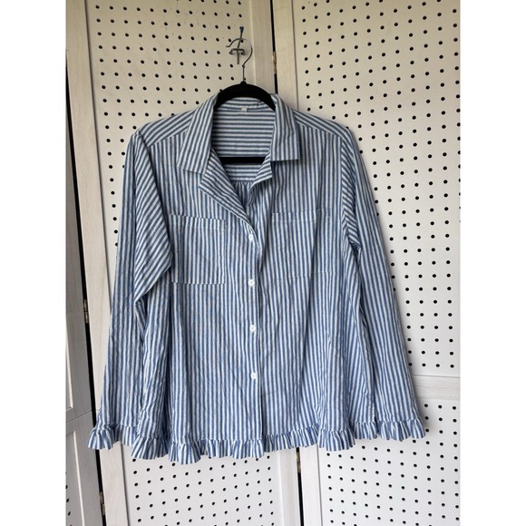 The Unbranded Brand Tops - Unbranded Women's Lg Striped Blue White Button Down Chambray Shirt Ruffle Cotton